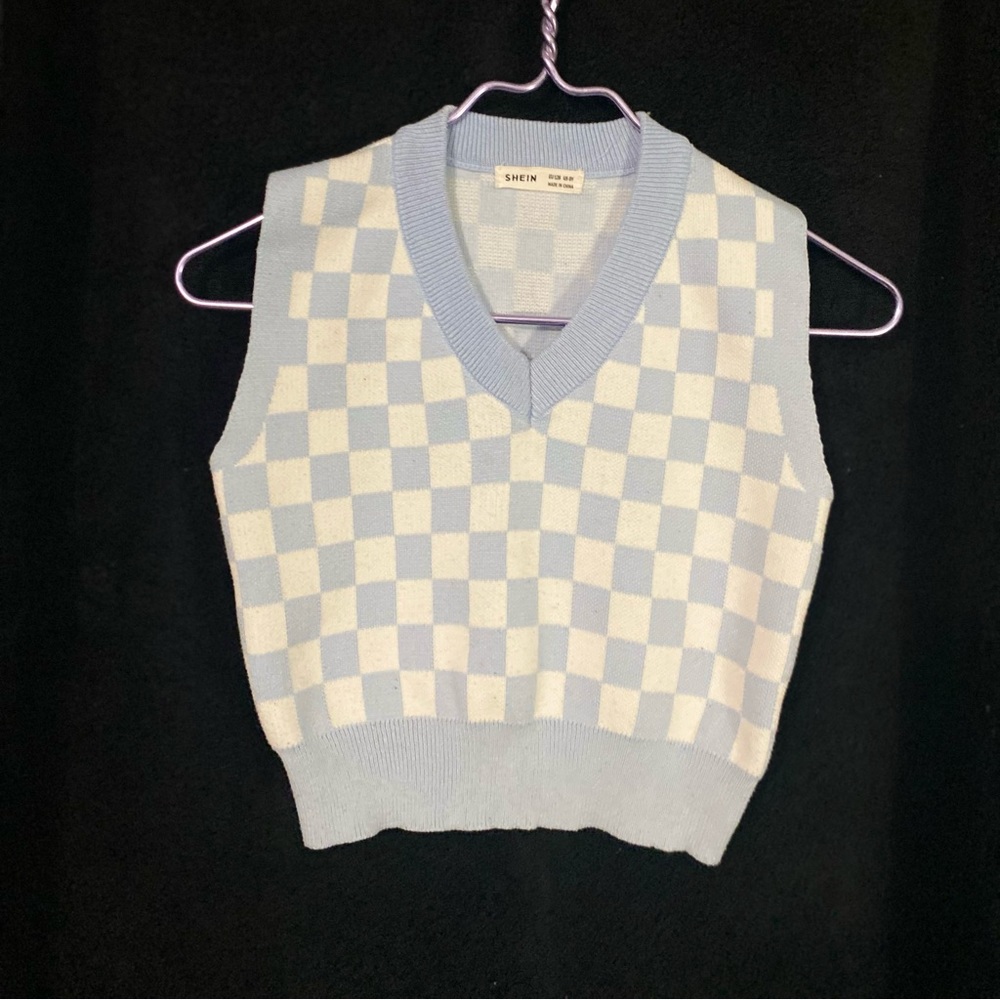 SHEIN light blue and white checkered sweater vest. Girls size 8y.